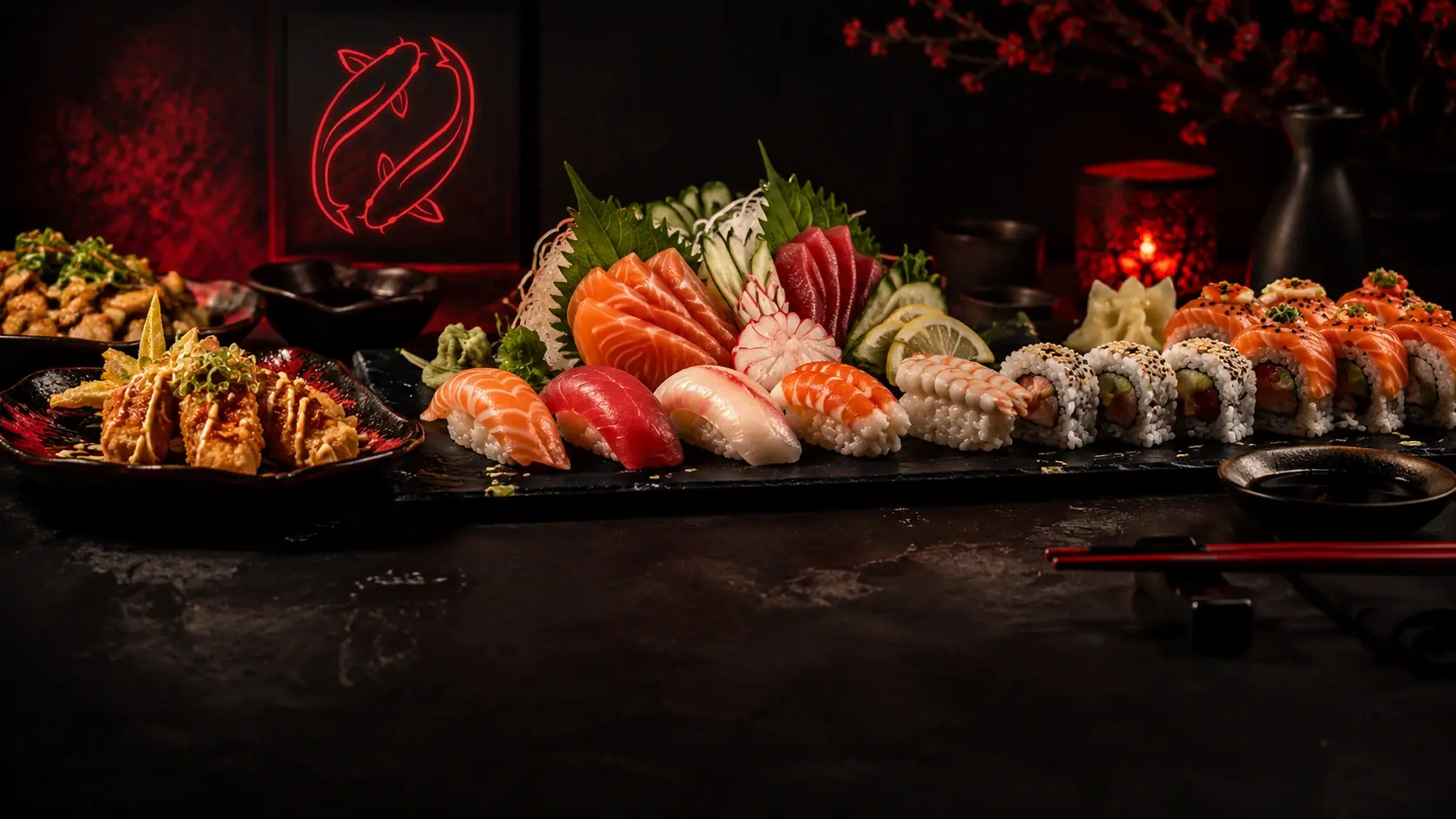 Sashimi de salmão e atum, niguiris, uramakis e hot rolls servidos em uma mesa escura com o neon da carpa Natsumi ao fundo